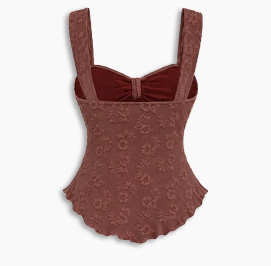 Sweetheart Neck Bowknot Textured Print Top - Image 3