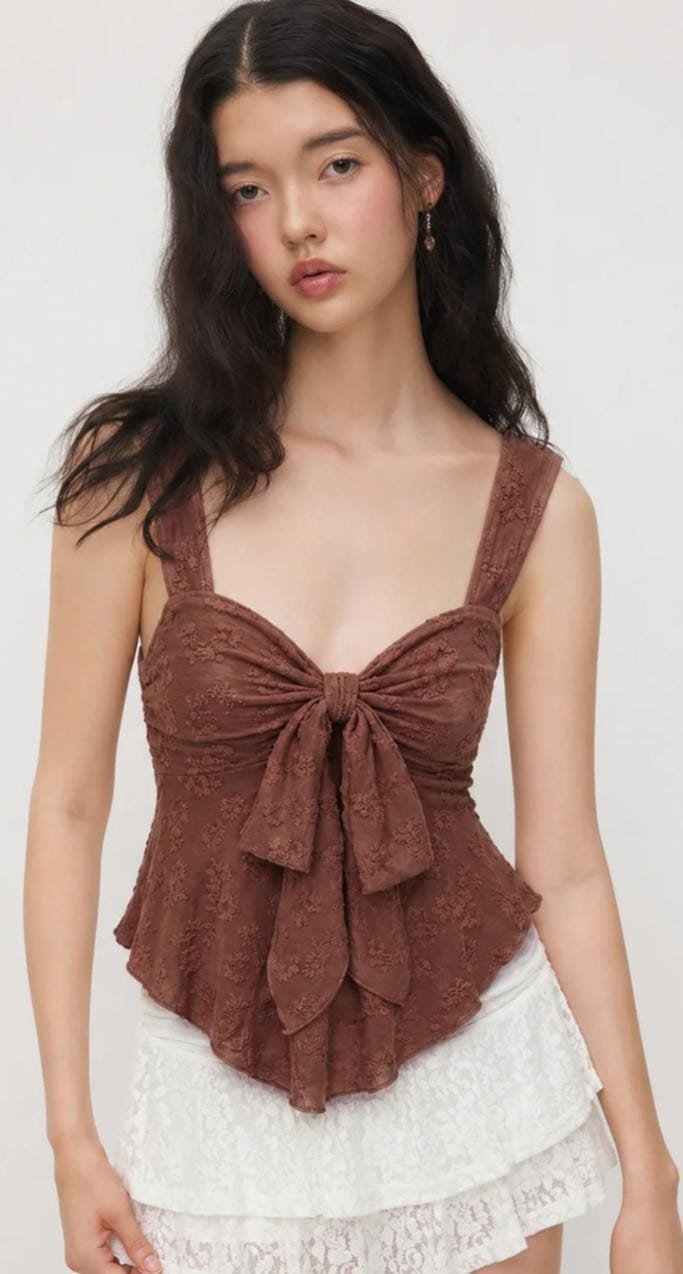 Sweetheart Neck Bowknot Textured Print Top
